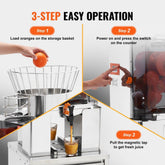 Commercial Orange Juicer, 120W Automatic Feeding Juice Extractor with Water Tap, Stainless Steel Juicer Machine 25 Oranges/Minute, with Pull-Out Filter Box, PC Cover, 3 Peel Collecting Buckets